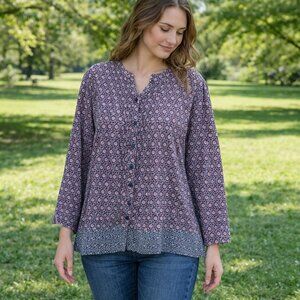 Catherine's Boho Top Size 3X Black Red Floral Button-Front Pintucks Beaded